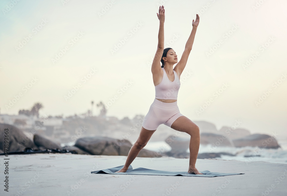 Obraz premium Yoga pose, woman and posture at beach for wellness, peace and zen, balance and ocean background. Fitness, girl and meditation, training and energy outdoor for peaceful, mindset and stretch workout