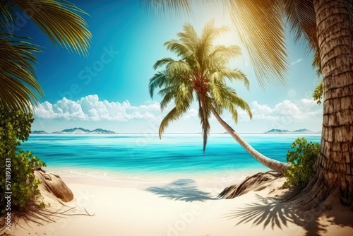Tropical exotic beach with palm tree. AI generated