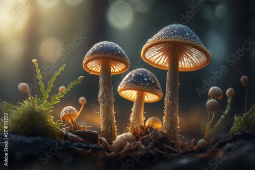 Wild mushrooms in the forest. Fairy tale atmosphere. AI generated