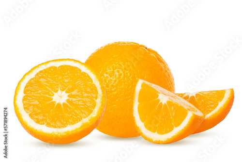 Set of oranges. Whole and pieces. Isolated on white background.