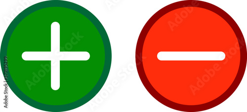 Add and delete signs on isolated white background. Green plus and red minus. Vector illustration.