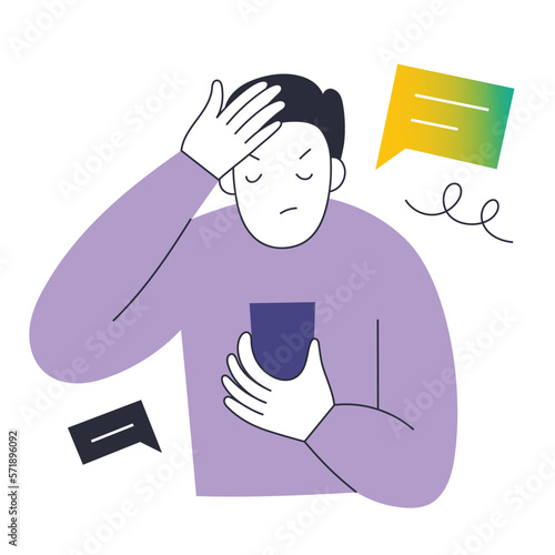 Young man reading news or social media post on his smartphone with angry face expression, guy emotionally reacting to social media post, person showing facepalm gesture, vector illustration