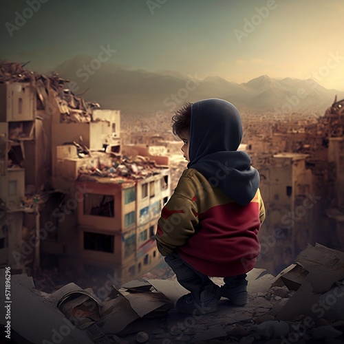 Child looking at buildings and cityscape destroyed in the earthquake in Turkey