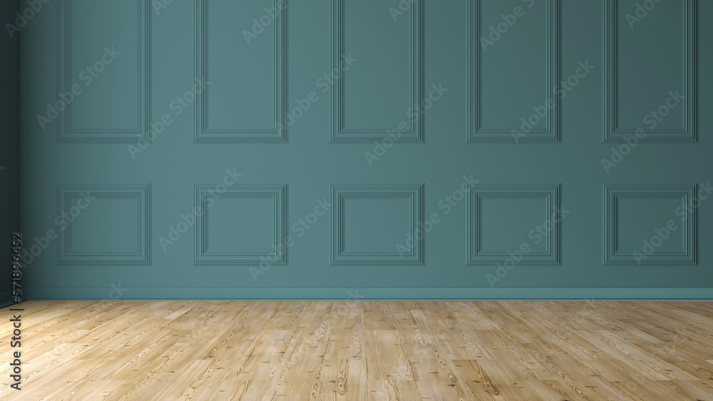 Empty room with light wooden floor and classic blue wall. 3d rendering