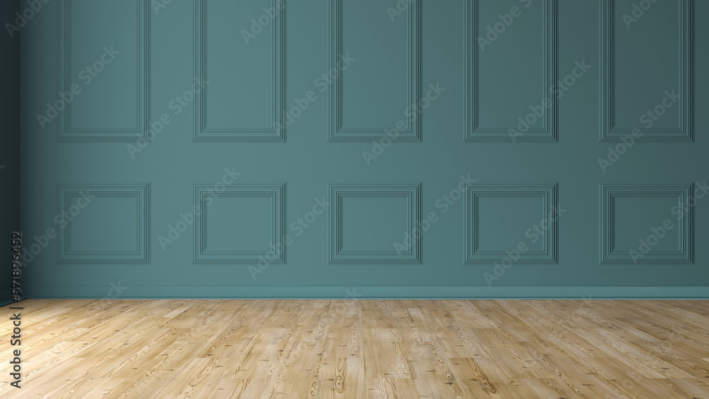 Empty room with light wooden floor and classic blue wall. 3d rendering Empty room with light wooden floor and classic blue wall. 3d rendering