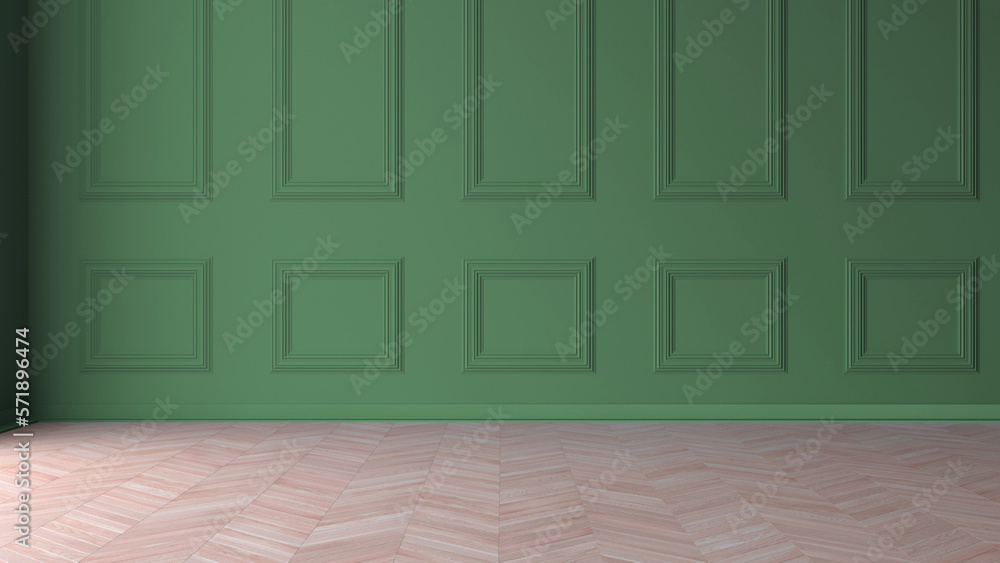 Empty room with light wooden floor and classic green wall. 3d rendering Empty room with light wooden floor and classic green wall. 3d rendering