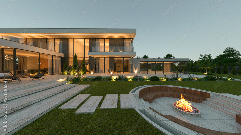3D visualization of an elite house with a courtyard. Large panoramic windows. Plot with landscaping