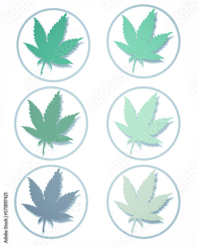 set of cannabis green blue grey yellow leaves in circle on white background for menu or recipes in restaurant canteen supermarket food court or decorating wallpaper and artworks
