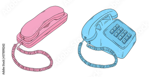 Retro phone doodle. 80s, 90s telephones set. Y2k trendy illustration. Telephone retro technology. 90s and 2000s telephonel. Nostalgia for the 90s.