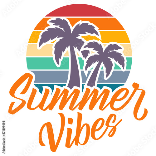 Summer sunset vector t-shirt design with palm trees silhouette and phrase "Summer vibes". Can be used for dark and light shirts.