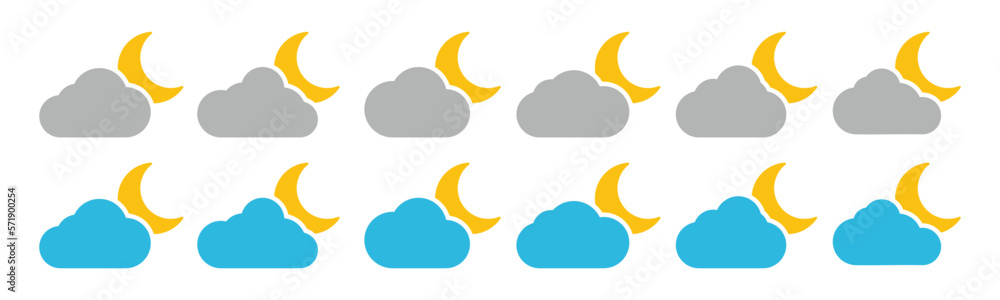 Moon and cloud icon. Night symbol. Evening weather icon in line and flat style. Moon behind the clouds symbol for apps and websites, vector illustration Moon and cloud icon. Night symbol. Evening weather icon in line and flat style. Moon behind the clouds symbol for apps and websites, vector illustration