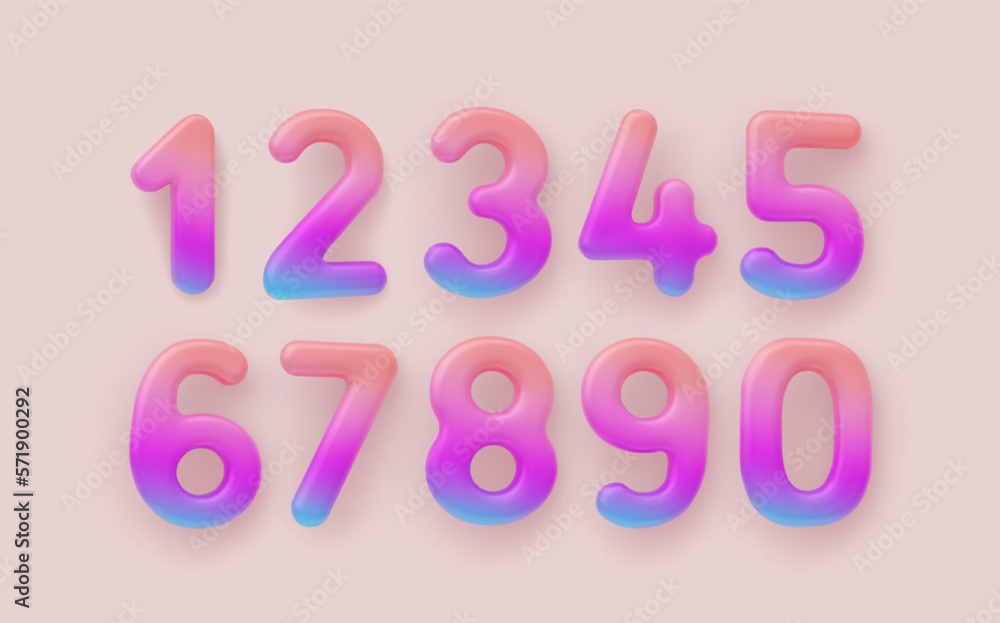 3D Colorful Gradient number 1,2,3,4,5,6,7,8,9 and null on a light background.