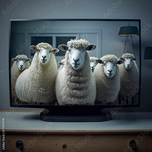 a flock of sheep is watching you from the television- generative ai 