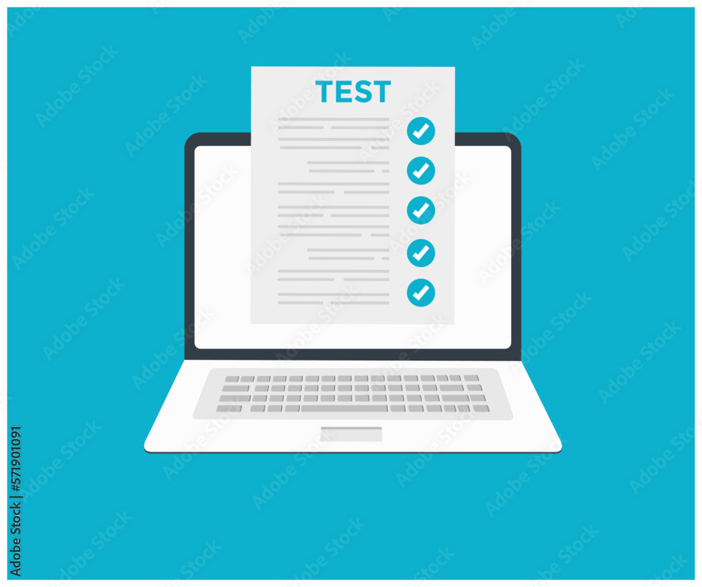 Online exam, checklist and online testing on laptop screen logo design. Online surveys form on the computer screen. Answer a survey filling out a tech form. Quiz, test concept. vector design and illus