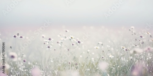 Light colored field of wild flowers and dandelions for background card or banner
