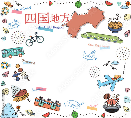 日本の四国地方の夏のグルメ観光のアイコンのセット（線画）