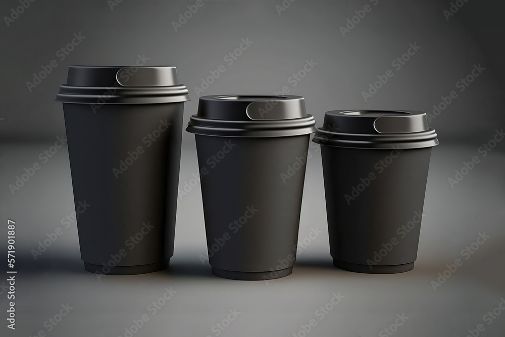 Coffee mockup, close up view of set of three black cardboard cups. Generative AI Coffee mockup, close up view of set of three black cardboard cups. Generative AI