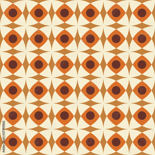 Retro vintage seamless pattern in style 60s, 70s. Abstract geometric background. Mid century art print. Beige, orange and mustard colors. Vector illustration
