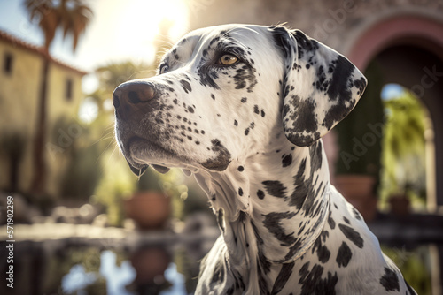 Dalmatian dog portrait on a sunny day in the city street © Vlad S.