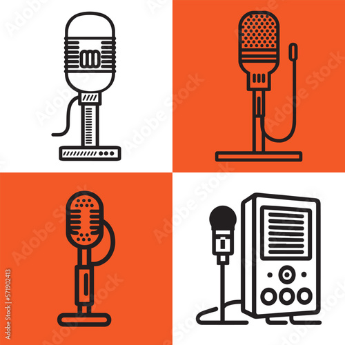Microphone icon black vector set isolated on white background. podcast icon vector. Voice vector icon, Record.