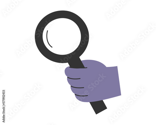 Hand drawn cute illustration of hand with magnifying glass. Flat vector study, analysis, examination, research in colored doodle style. Search for solution, answer sticker, icon or print. Isolated.