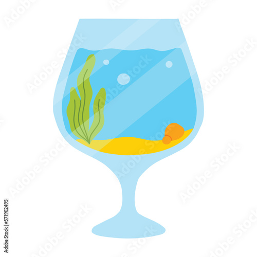 Fishbowl. Aquarium with algae in flat style. Vector illustration. Empty isolated aquarium in cartoon style.