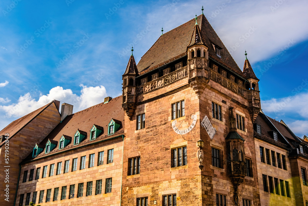 Ancient fortress facade in old city center in Nuremberg, Germany. Historical house exterior in Bavaria, Europe