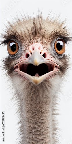 Surprised ostrich, white background. generative AI
