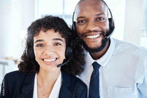 Happy, portrait and customer service consultants in the office working on a crm consultation online. Happiness, smile and interracial telemarketing colleagues taking a picture together in workplace.