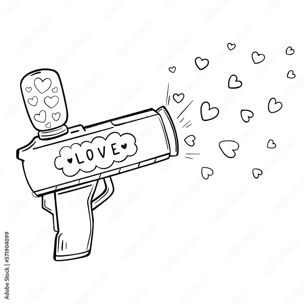 Obraz premium Sketch cute toy confetti gun with hearts cartoon style. Toy gun that shoots hearts. Symbol of love. Hand-drawn doodle illustration Confetti gun. Plastic blaster holiday attribute for Valentine's Day.