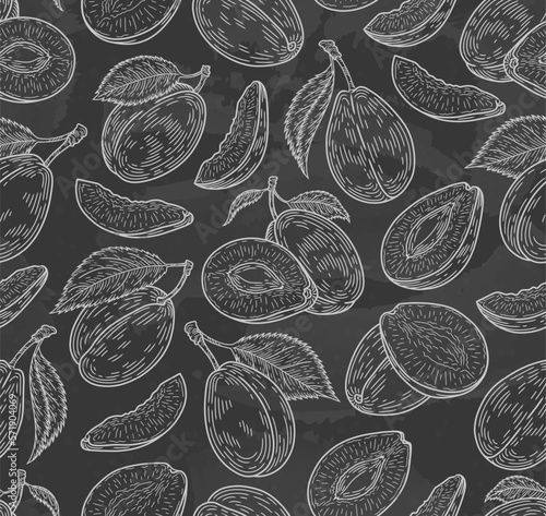 Plum seamless pattern on black background. Ripe plum. Summer fruit background. Chalk sketch of a plum on a slate board. Great for labels, posters, print.