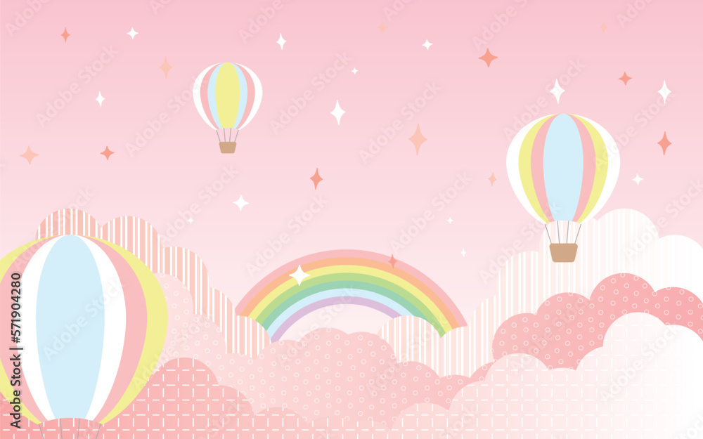 ゆめかわな虹と気球と星と雲の背景