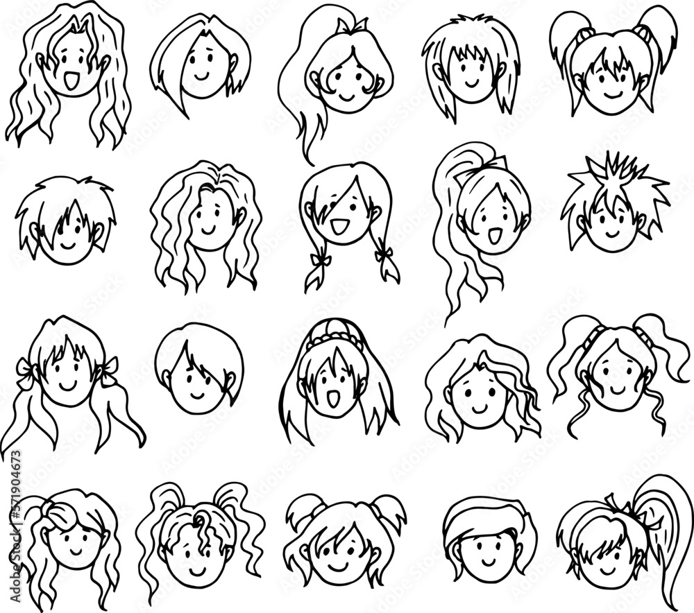 Fototapeta premium Girls' faces. Doodles. A collection of black and white objects isolated on white.
