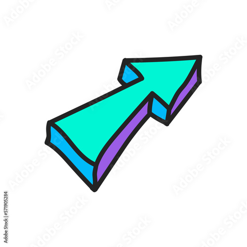 Hand drawn doodle element in 90s 2000s Y2K trendy style. Volumetric bright arrow isolated on a white background.