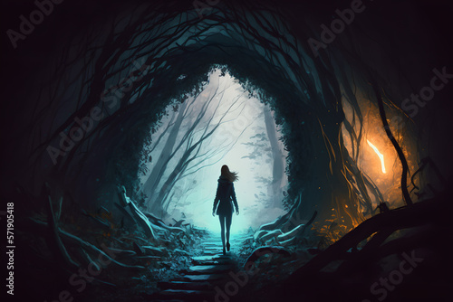 A brave modern woman ventures and walks into the light at the end of a tunnel in the forest, a symbol of discovery and truth photo