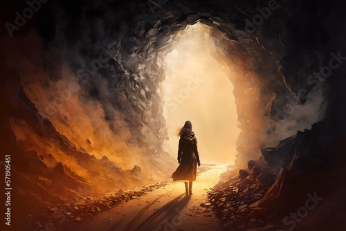 A brave modern woman ventures and walks into the light at the end of a tunnel in the forest, a symbol of discovery and truth photo