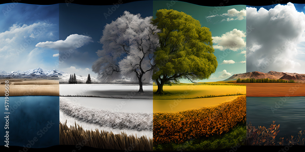 An old tree in a beautiful field showing all seasons in one photo