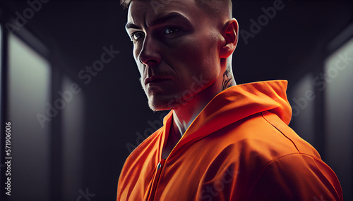 Young man wearing orange robe in prison close up portrait