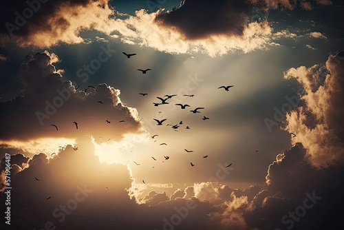 sunset in the sky. clouds in the sky. birds in the sky. A flock of birds. flocks. generative ai photo