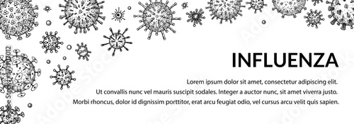 Virus horizontal background in sketch style. Hand drawn bacteria, germ, microorganism. Microbiology scientific design. Vector illustration in sketch style
