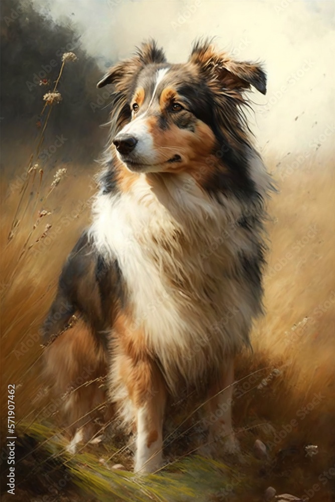  a painting of a dog standing in a field of grass.  generative ai