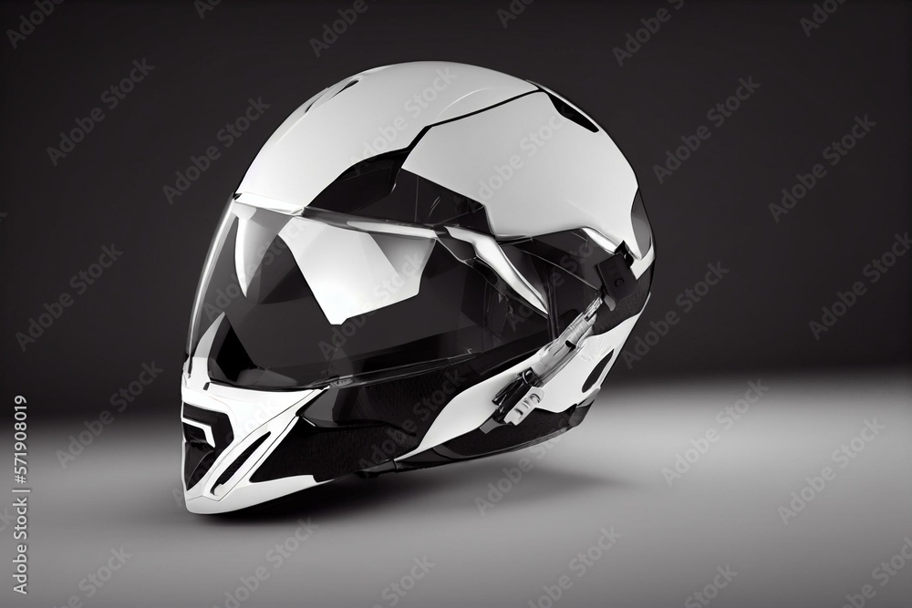 Modern motorcycle helmet made of white glossy carbon fiber, with neck