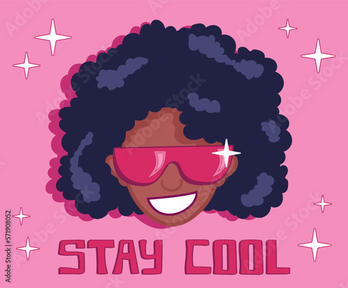 Black girl with curvy hair in purple sunglasses, smiling face in groovy style with Stay Cool phrase in retro lettering, disco style vector banner, illustration, poster for parties.