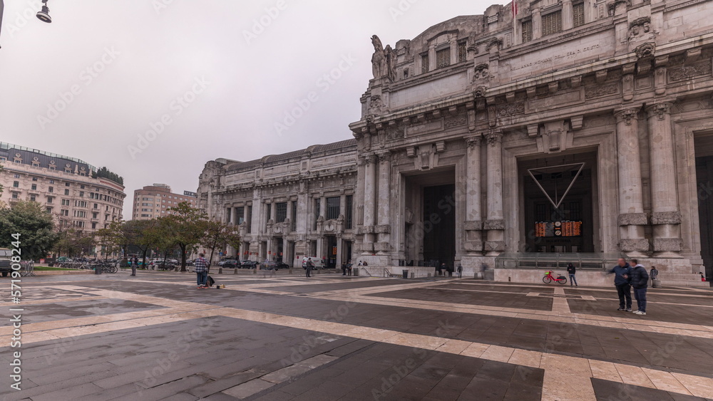 Panorama showing Milano Centrale timelapse - the main central railway station of the city of Milan in Italy.