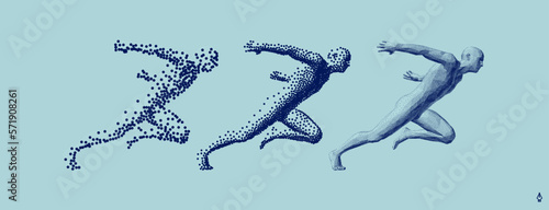 Running man or marathon runner in сoarse and fine style. 3D human body model with stipple effect. Design for sports club, fitness, competition or marathon. Vector illustration composed of particles.