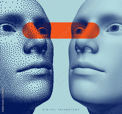 Visual contact. Two opponents facing each other. People talk face to face. Illustration of the communication between two humans in form of telepathy. Mind reading concept. Battle with yourself