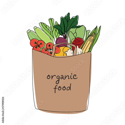 Paper bag with vegetables. Vegan shopping vector concept. Eco shopping bag. Colorful hand drawn vector illustration for banner, card, poster. Organic food