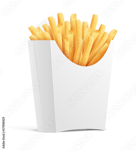 French fries. Potatoes in paper box. Snack fast food takeaway. Popular roasted chips sticks cardboard packing, isolated on white transparent background. Vector illustration