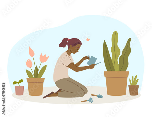 Girl sits in front of potted plant and waters it from a watering can. Take care of houseplants and flowers. Vector illustration.