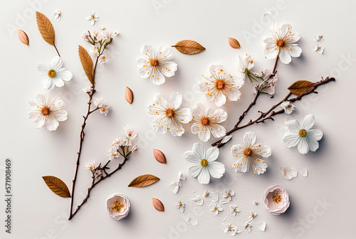 Blossom flowers on white background aesthetic concept. Generative AI. 